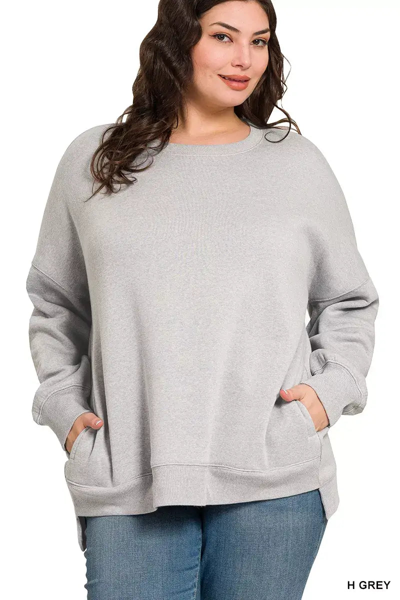 Zenana Full Size Fleece Hi-low Boyfriend Sweatshirts with Pockets Plus Size - Sweatshirts with Pockets