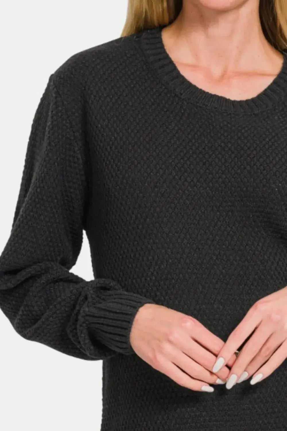 Black textured Zenana sweater with curved hem, round neck, and long sleeves for women