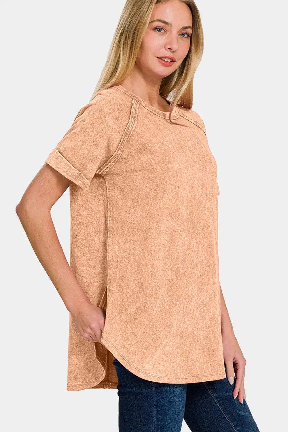 Women’s peach-colored acid wash Zenana Heathered Round Neck short sleeve tunic top