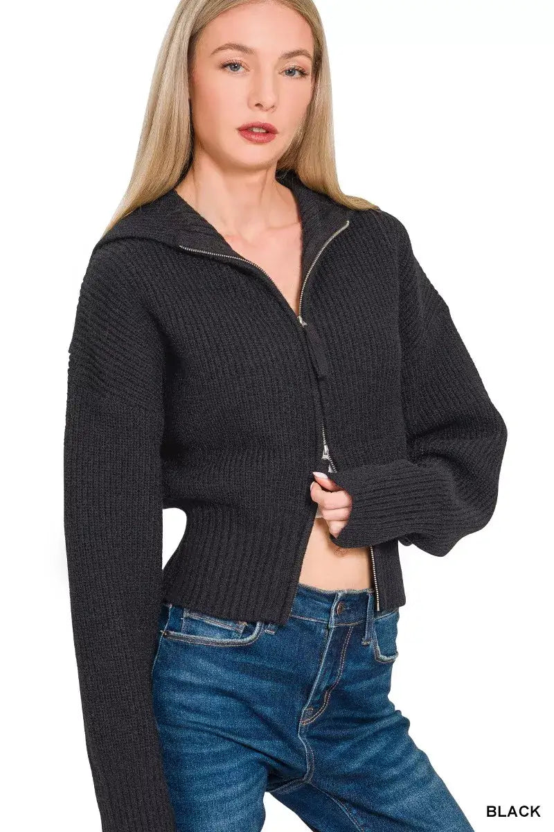 Zenana Ribbed Collared Zip Up Sweater Cardigan