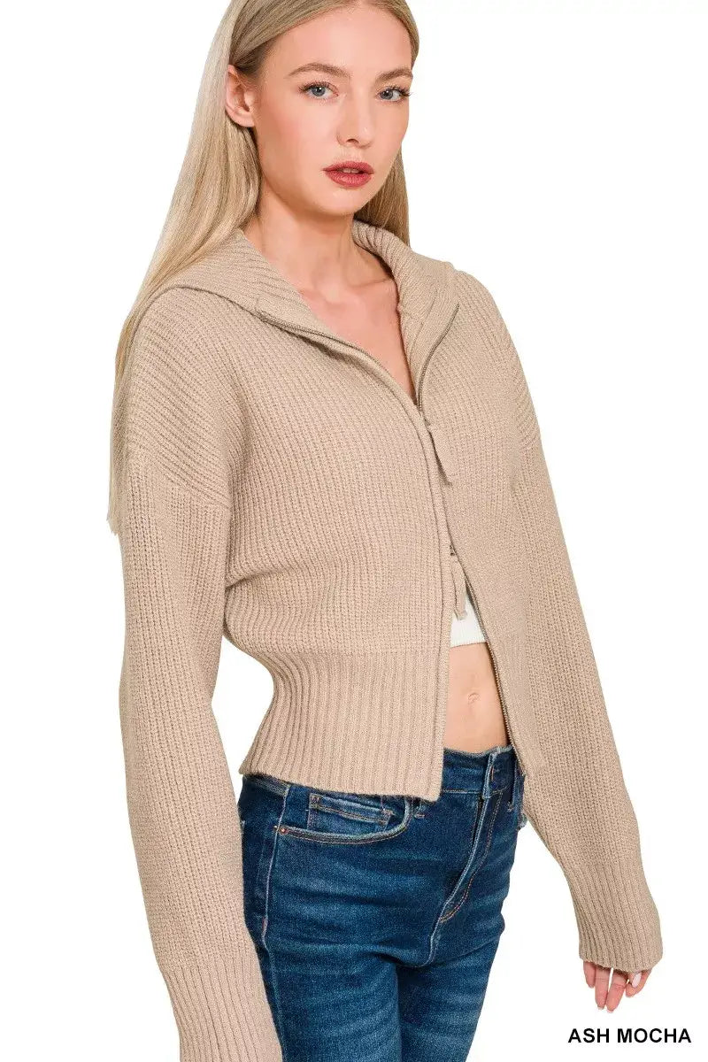Zenana Ribbed Collared Zip Up Sweater Cardigan - Zip Up Sweater Cardigan