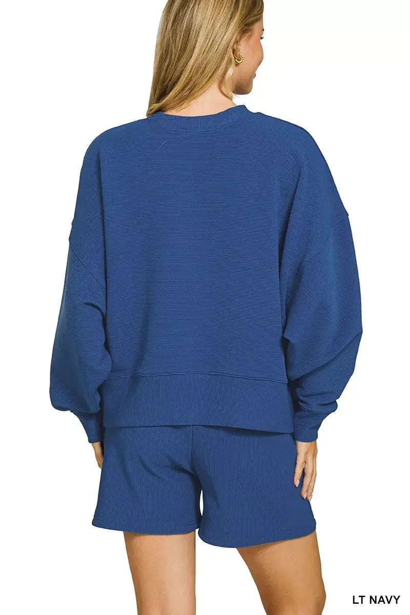 Zenana Ribbed Round Neck Pullover and Shorts Set