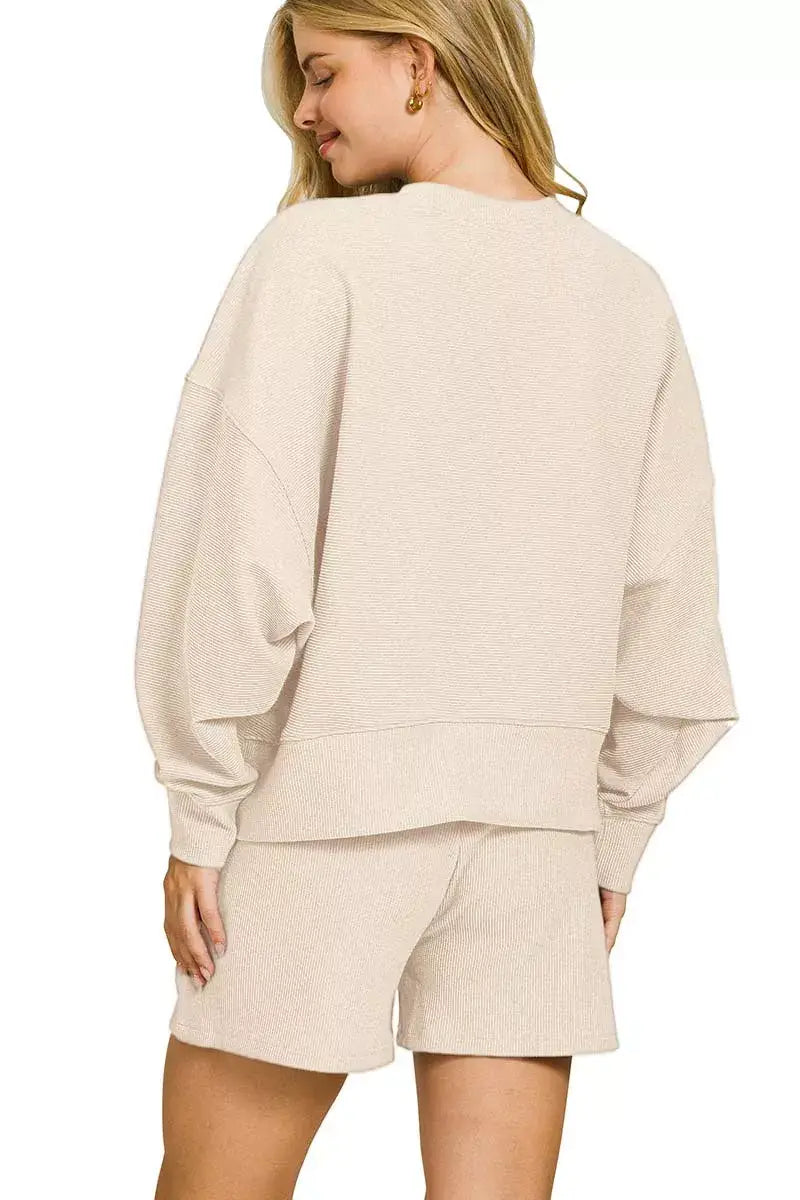 Zenana Ribbed Round Neck Pullover and Shorts Set