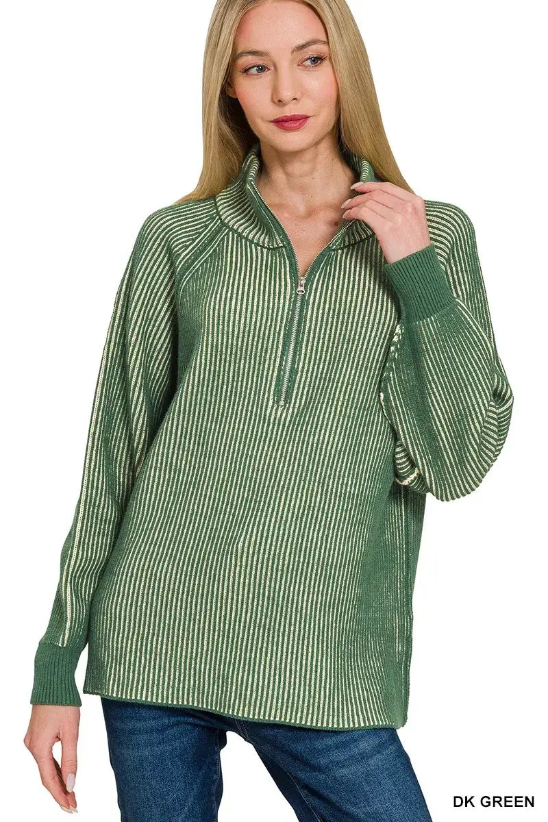Zenana Ribbed Two Tone Half Zip Sweater - Half Zip Sweater