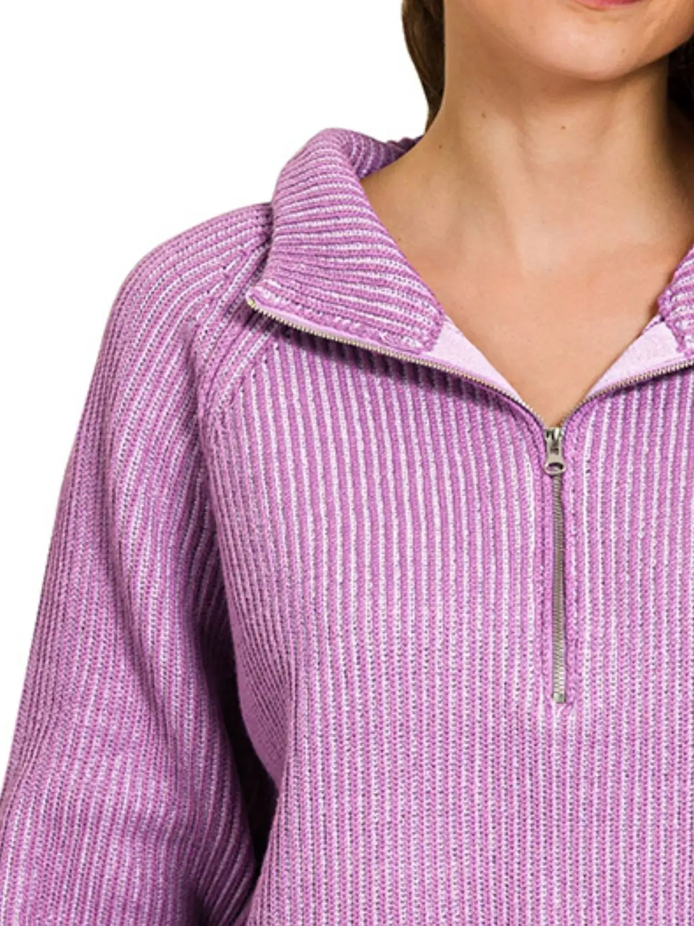 Zenana Ribbed Two Tone Half Zip Sweater - Two Tone Half Zip Sweater