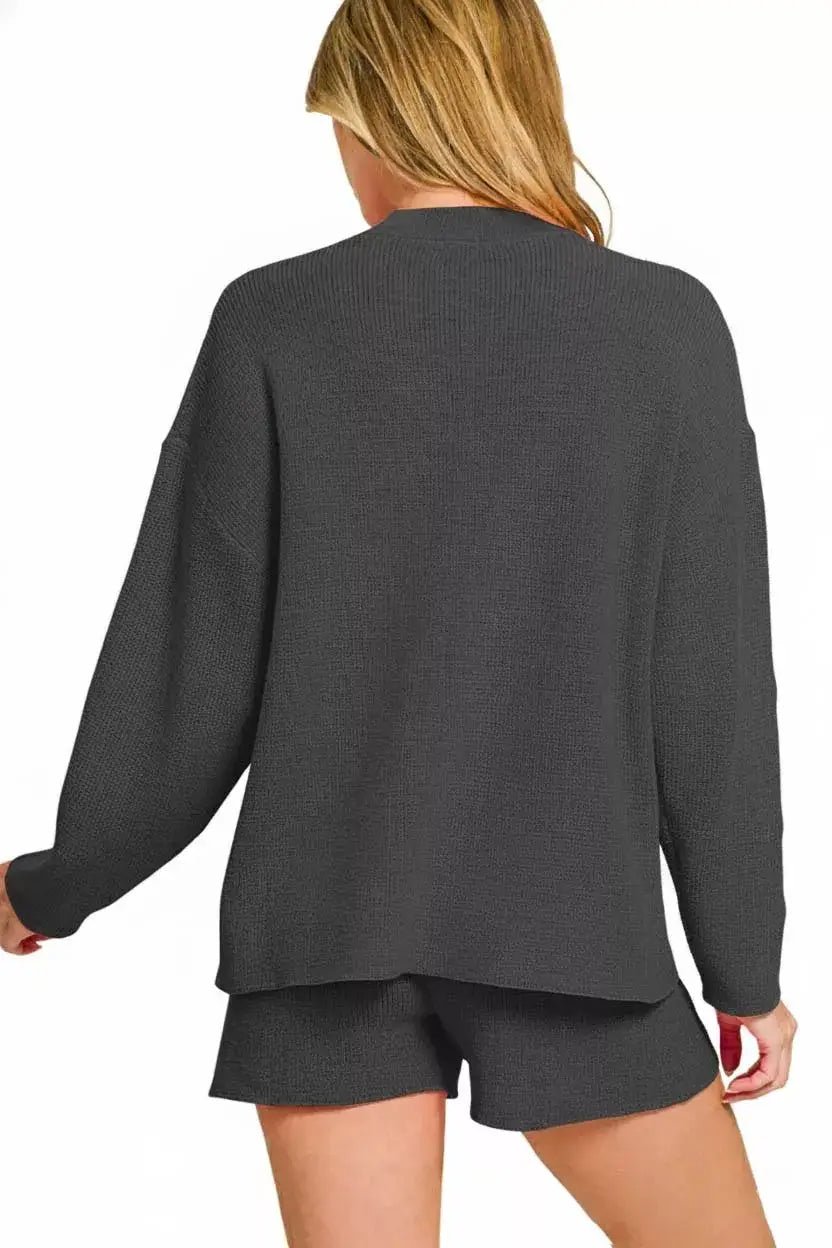 Zenana Round Neck Knit Top and Shorts Sweater Set