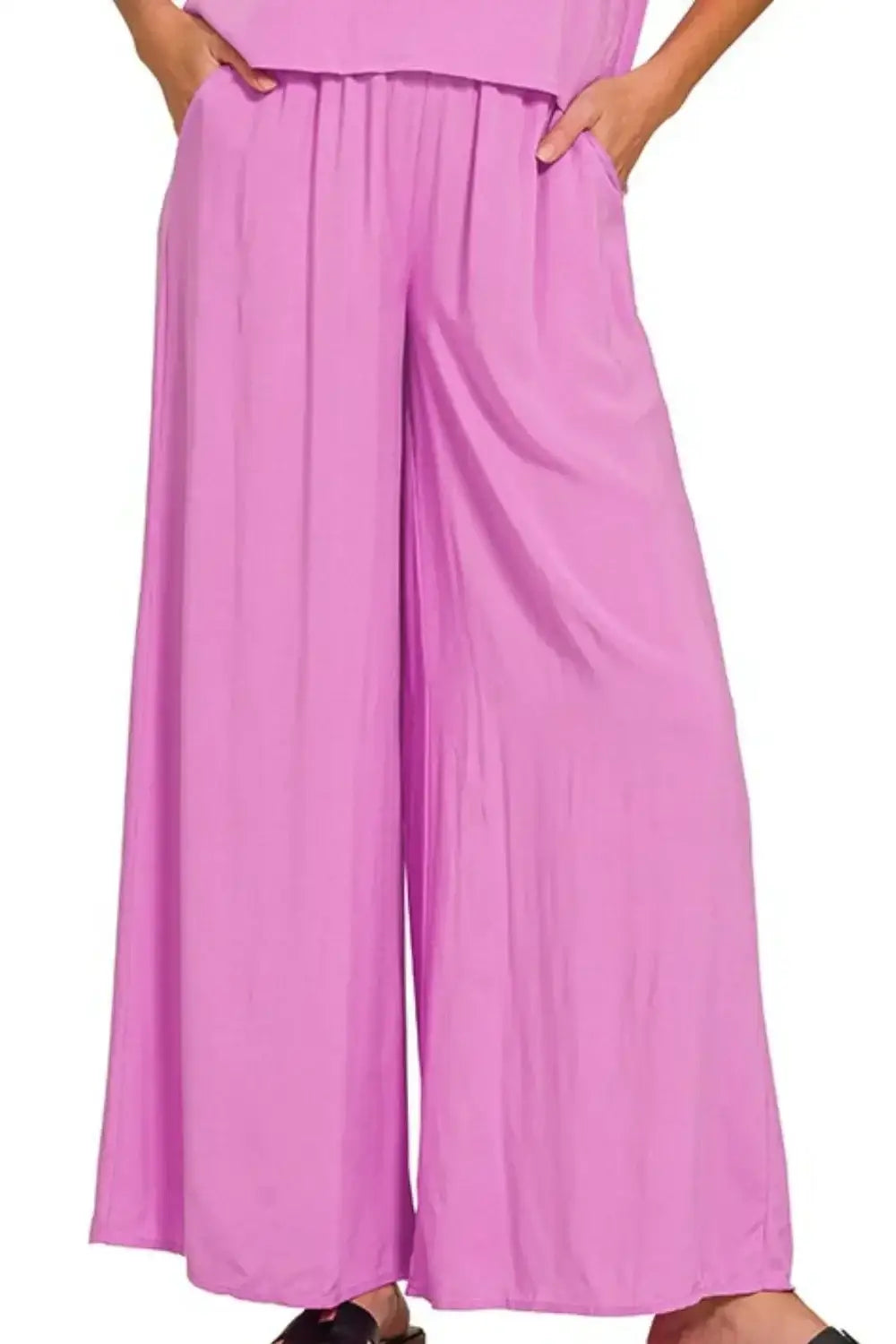 Lavender wide-leg jumpsuit with pockets and elastic waistband from Zenana Round Neck set