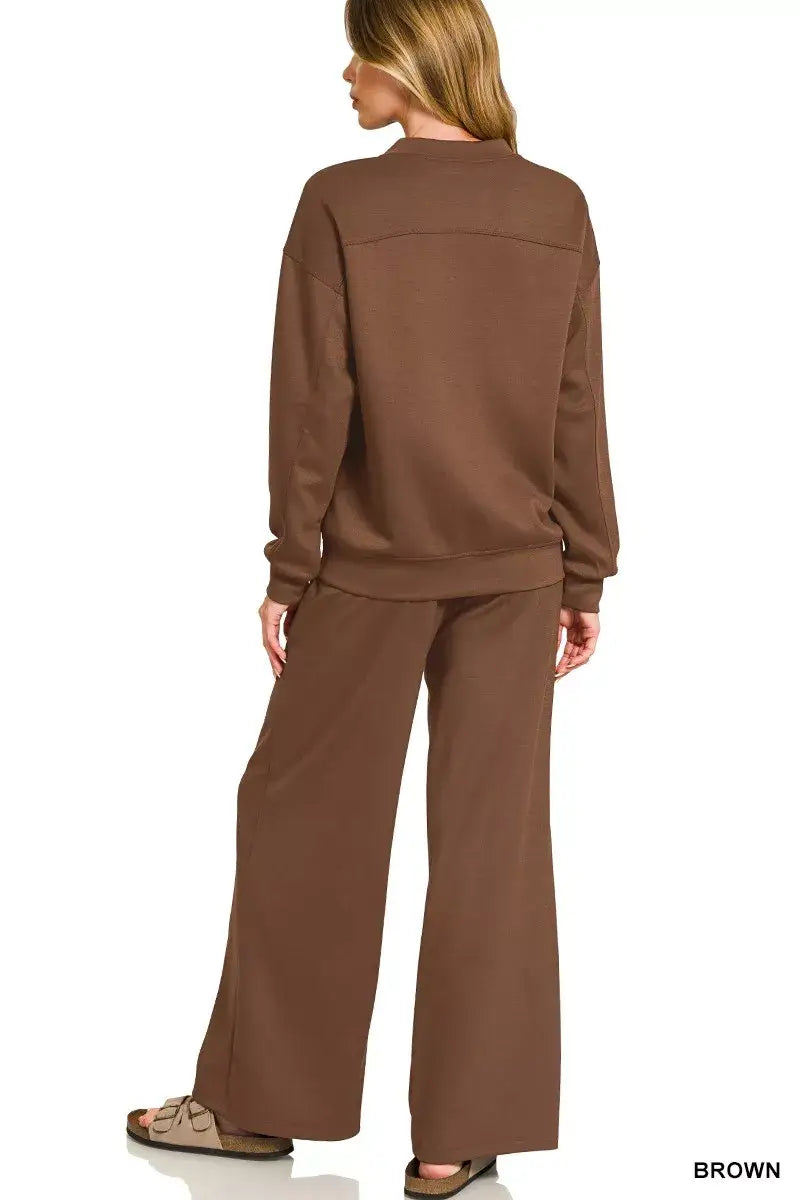 Zenana Scuba Crewneck Pullover and Pants Set - Pullover and Pants Set