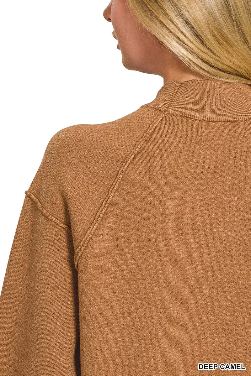 Zenana Viscose Mock Neck Exposed Seam Sweater - Neck Exposed Seam Sweater