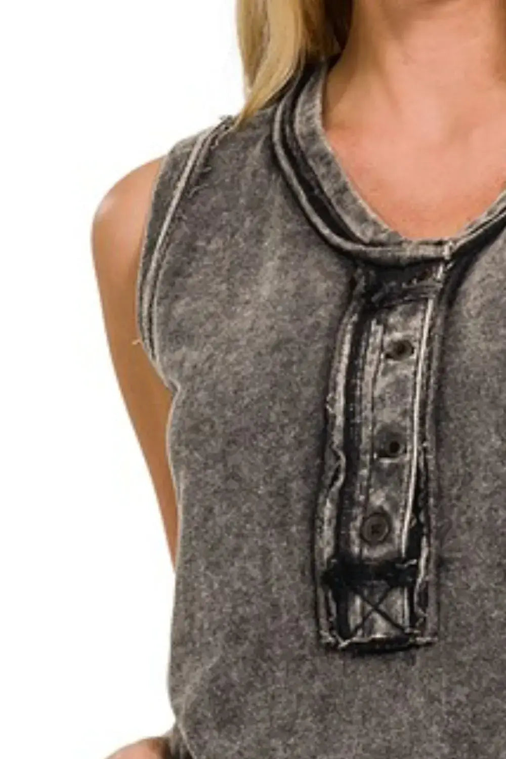 Charcoal gray sleeveless Henley top with raw edge and distressed details in soft cotton blend
