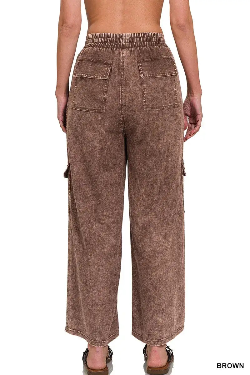 Zenana Washed Linen Elastic Band Waist Cargo Pants - Waist Cargo Pants