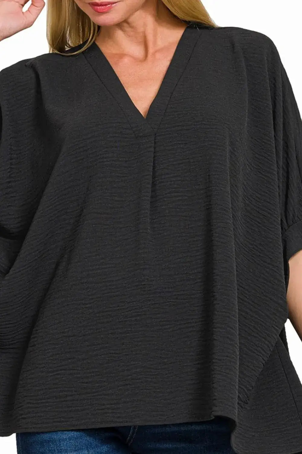 Black textured Zenana Woven Airflow V-neck puff half sleeve top with batwing sleeves