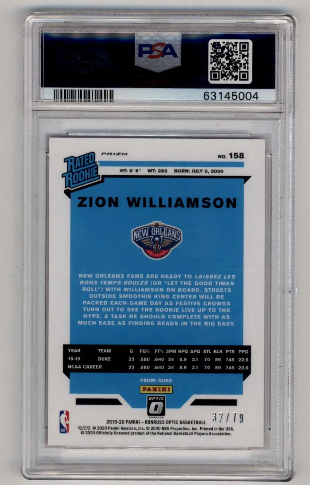 Zion Williamson 2019-20 Optic Pink Velocity 32/79 PSA 10 Gem Mint - Singles