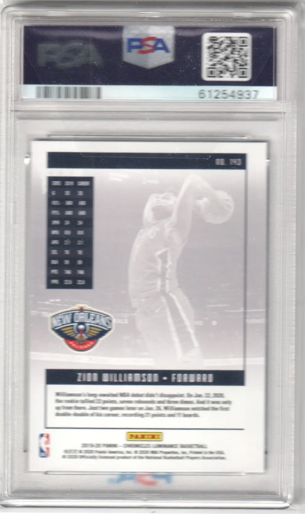 Graded Zion Williamson Panini Chronicles RC Rookie Card displayed at Columbia Hobby