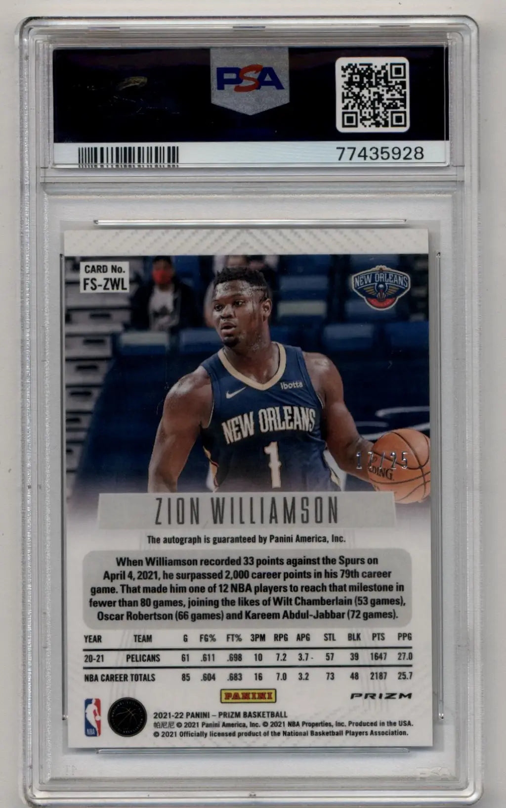 Zion Williamson 2021-22 Prizm Flashback Signature Mojo Auto 17/25 PSA 10 Gem Mint Auto 10 - Singles