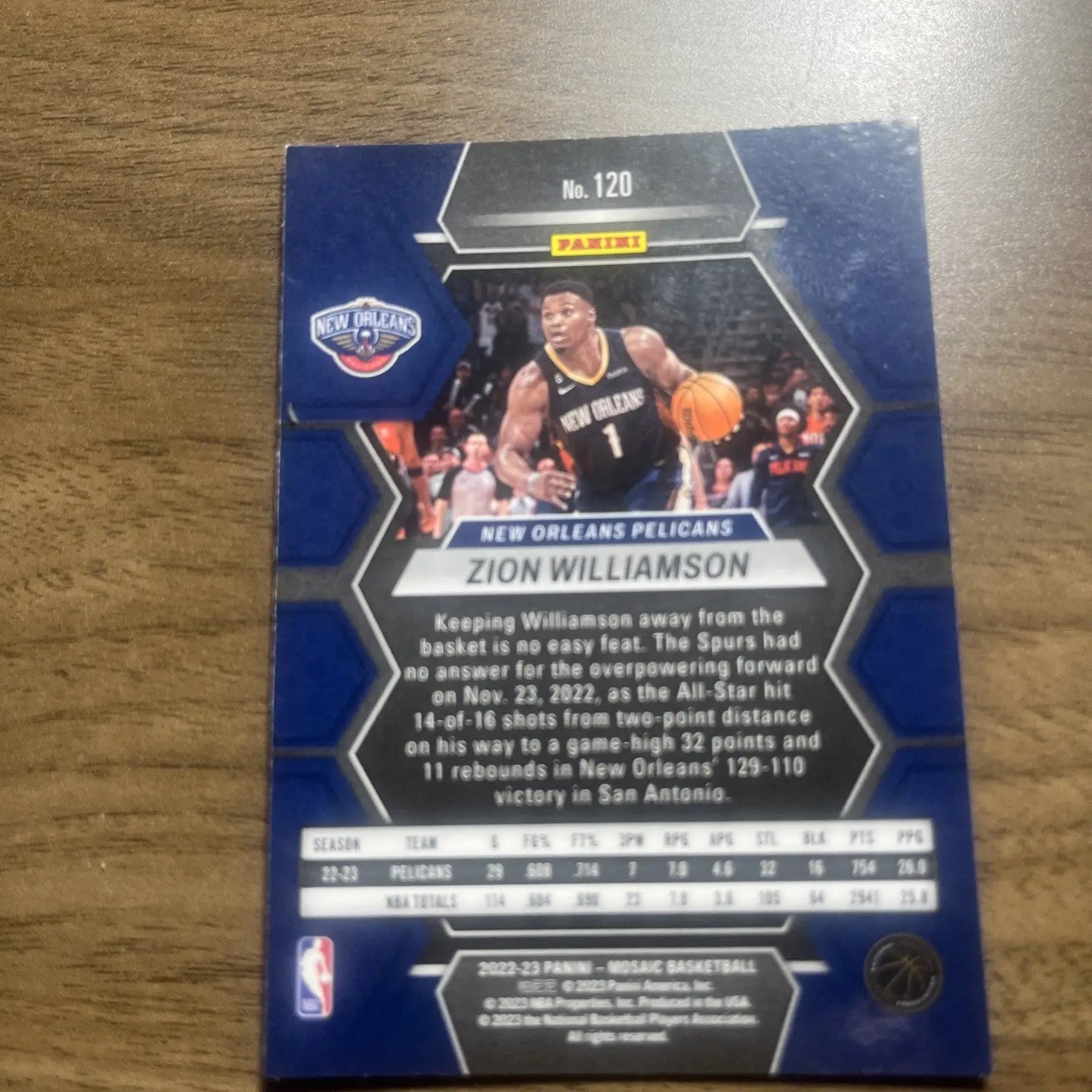 Zion Williamson 2022-23 Panini Mosaic #120 trading card for New Orleans Pelicans