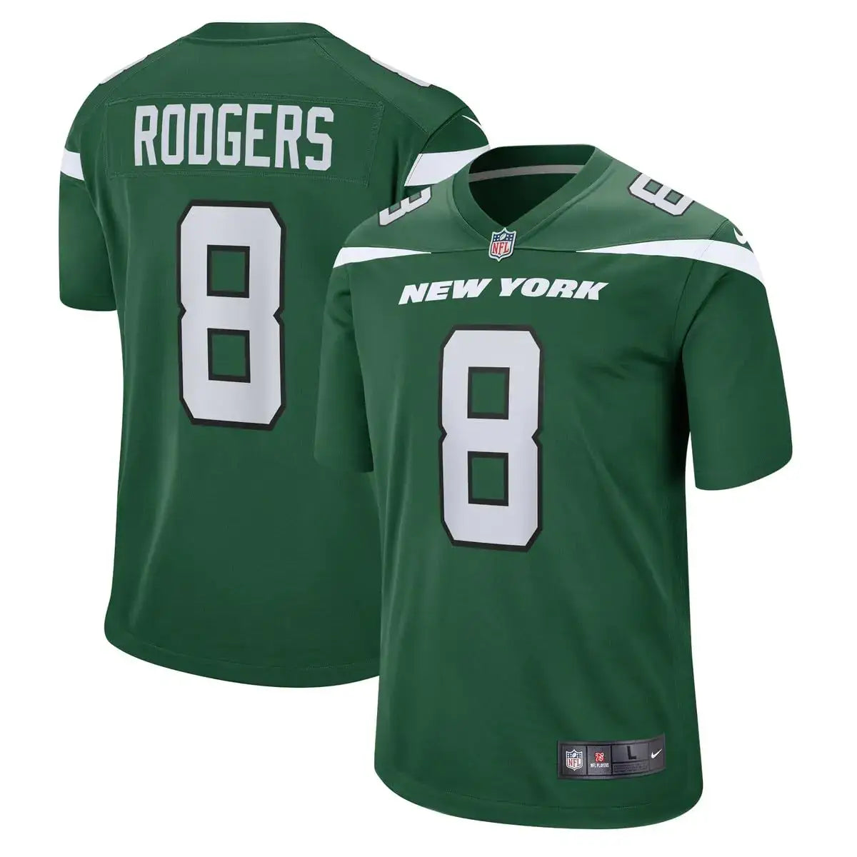 Green New York Jets football jersey with ’RODGERS’ and number ’8’’ on the back and ’NEW YORK’ and number ’8’’ on the front.