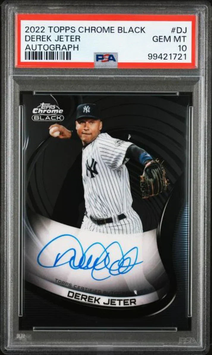 PSA-graded Gem Mint 10 2022 Topps Chrome Black autographed baseball card featuring a New York Yankees player in pinstripes.