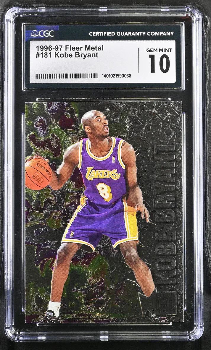Graded basketball card featuring a Lakers player in purple jersey #8 dribbling the ball.