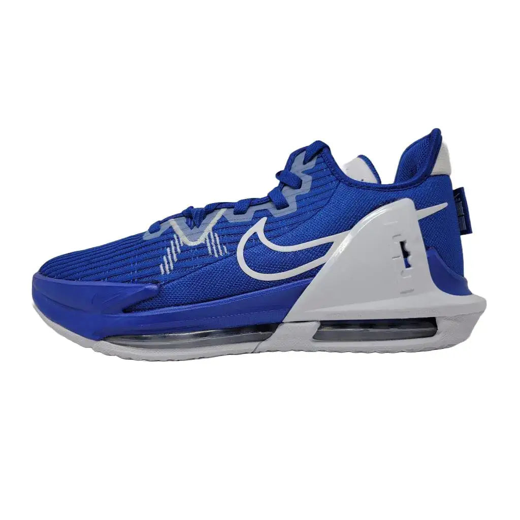 A blue and white Nike basketball shoe with visible air units in the sole.