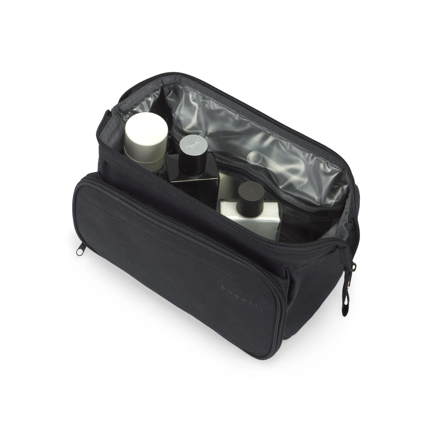 Black toiletry bag with clear pocket and zipper closure.