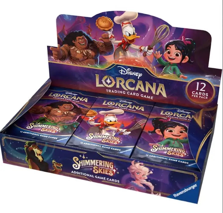 Display box of Disney Lorcana trading card game booster packs featuring animated characters.