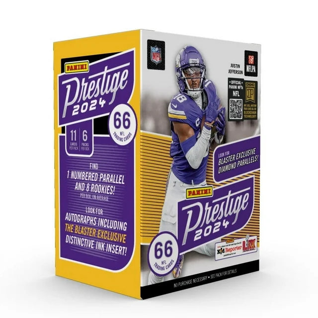 NFL Prestige 2021 football trading card box featuring Vikings team colors and branding.