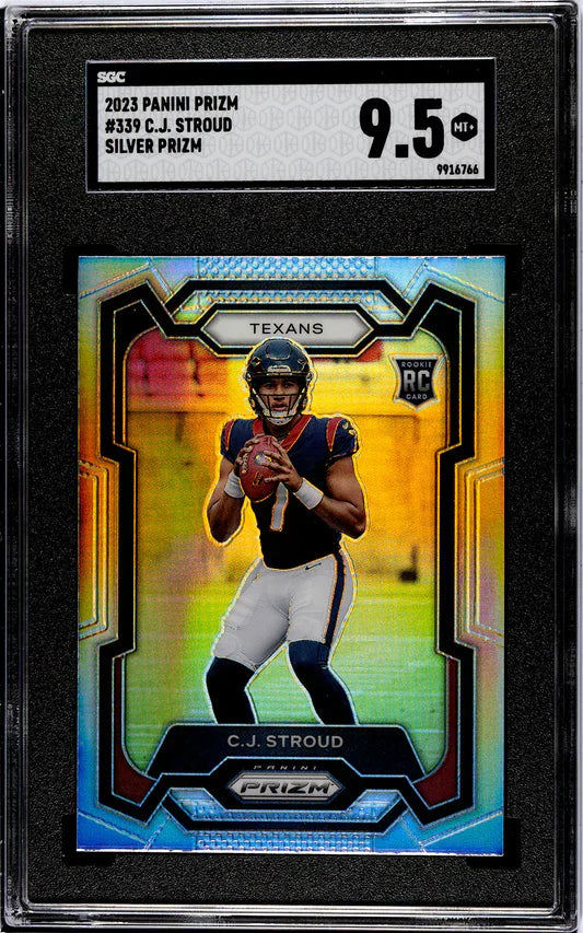 Graded Panini Prizm Silver football card in a black holder displaying a quarterback in a Bears uniform.