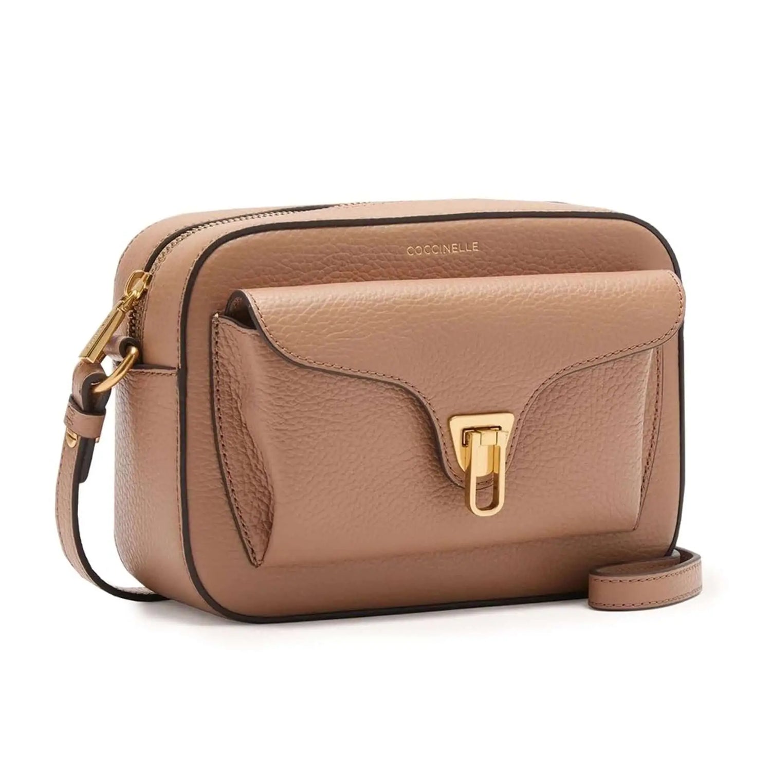 A light brown leather shoulder bag with a front flap pocket and a gold-tone turn-lock closure.