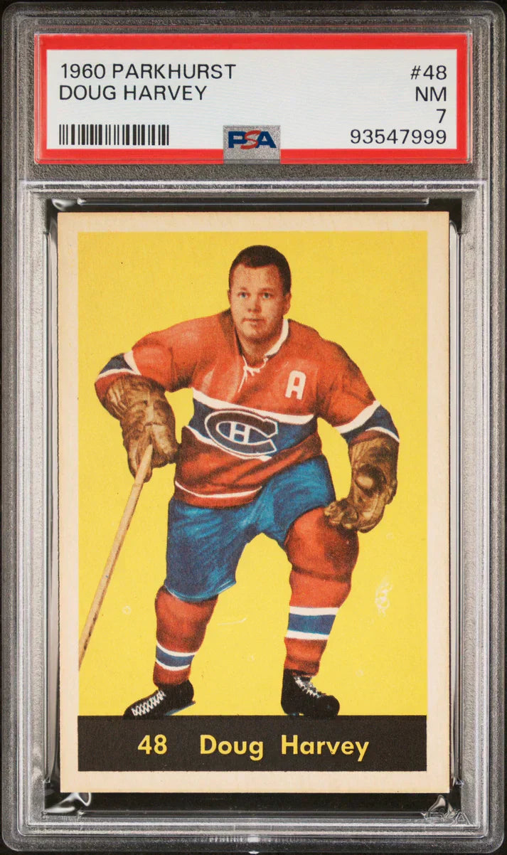 PSA-graded 1960 Parkhurst hockey card featuring a Montreal Canadiens player in the team’s classic red and blue uniform.