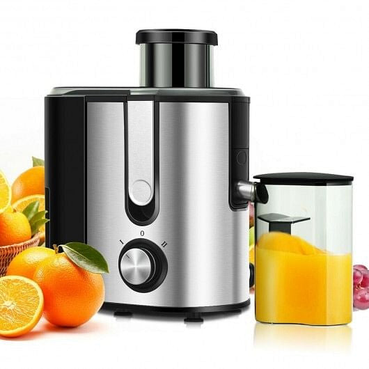 Stainless steel and black juicer with orange juice container, designed for fresh fruit extraction.