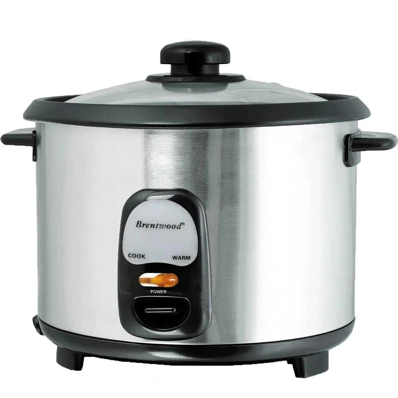 Brentwood stainless steel rice cooker with black accents and digital control panel.