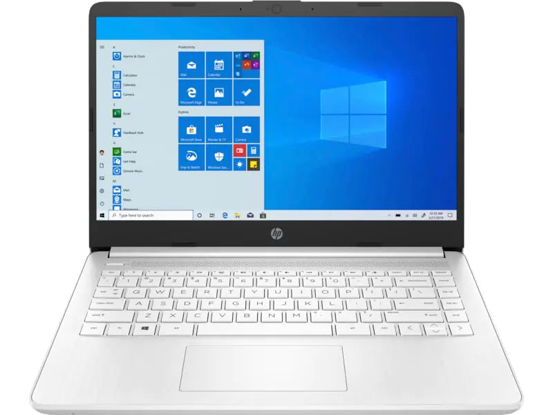 White HP laptop with Windows 10 Start Menu and desktop displayed on the screen.