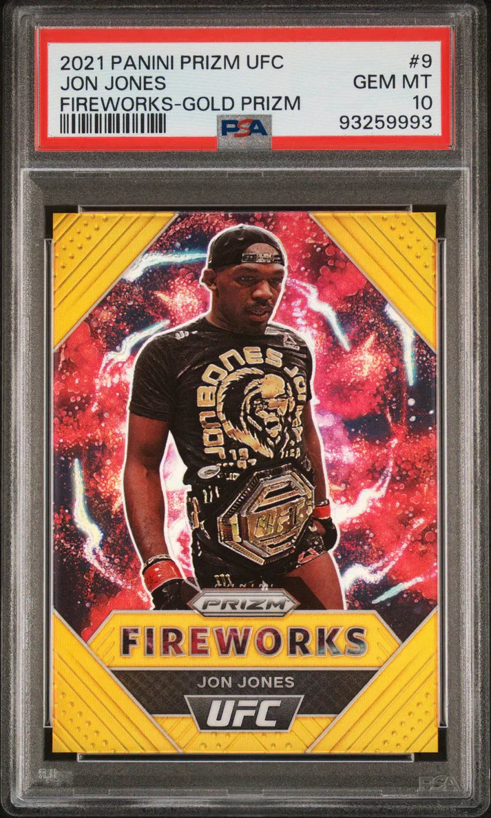 PSA-graded UFC Prizm Fireworks gold prizm trading card featuring a fighter wearing a championship belt.