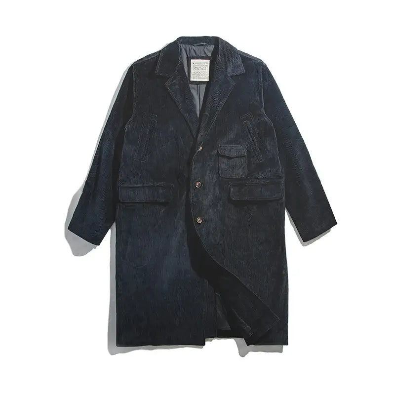 Black corduroy overcoat with patch pockets and a classic collar.