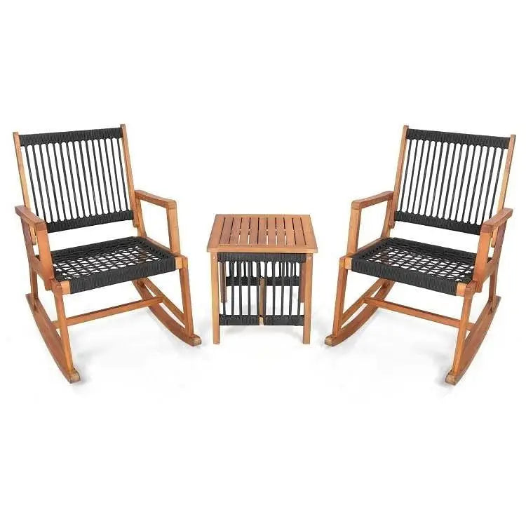 Wooden rocking chairs with black woven seats and backs, designed for outdoor use.