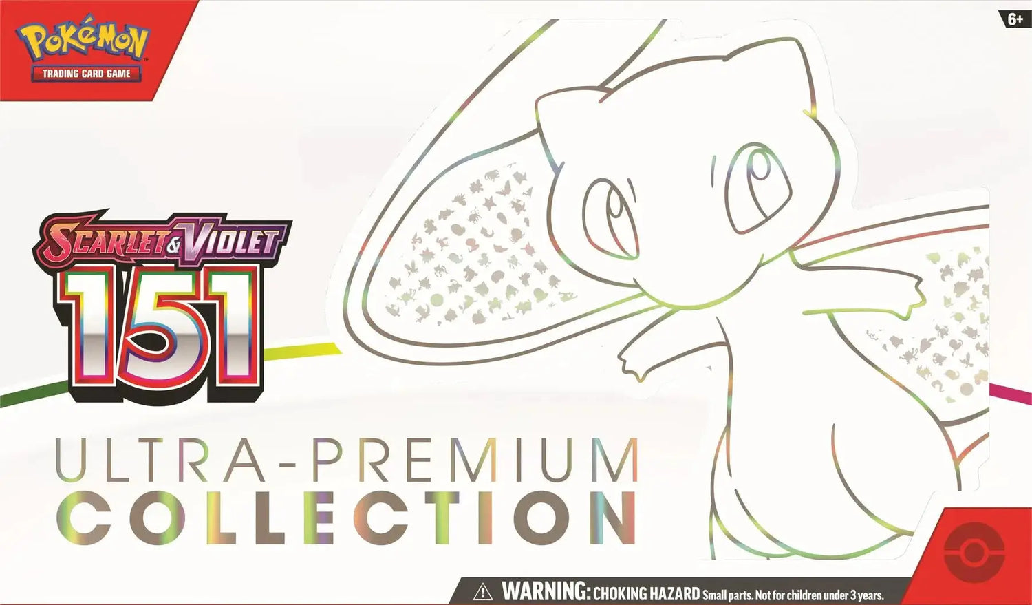 Mew appears as a simple line drawing outline against the Pokémon Scarlet & Violet 151 Ultra-Premium Collection logo.