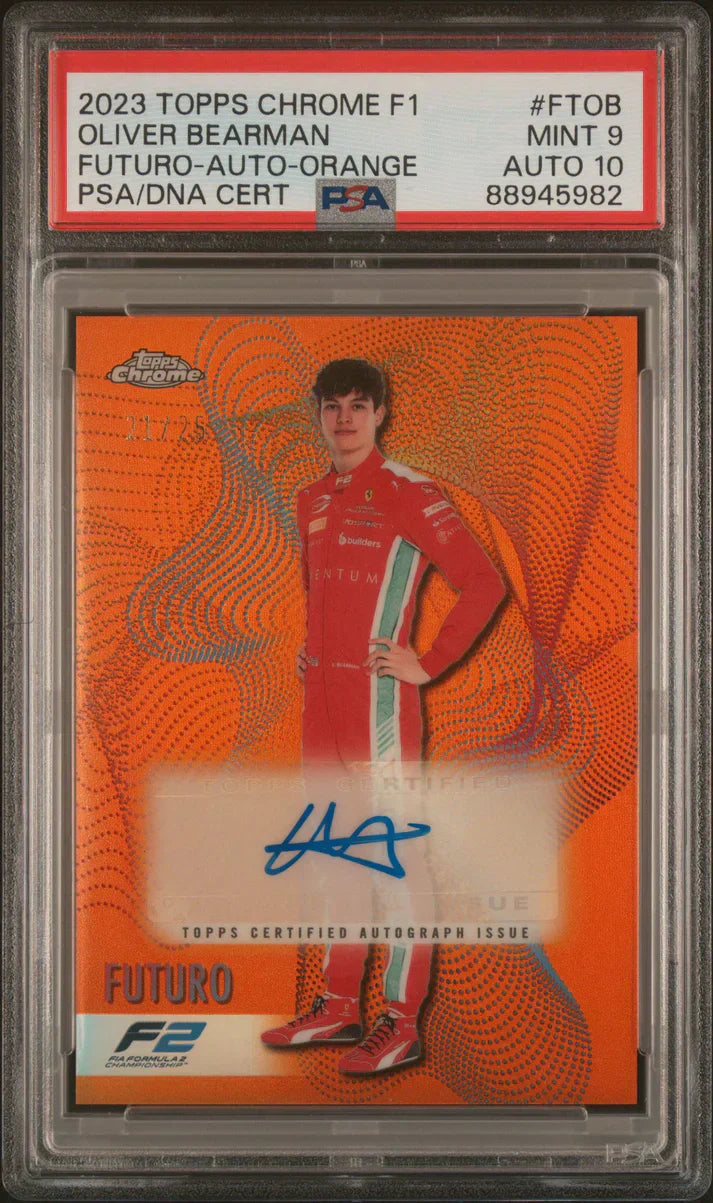 PSA-graded 2023 Topps Chrome F1 Future autographed trading card in orange with a racing driver in red racing suit.