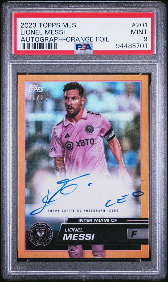 PSA-graded 2023 Topps MLS orange foil autographed soccer card in a protective case.