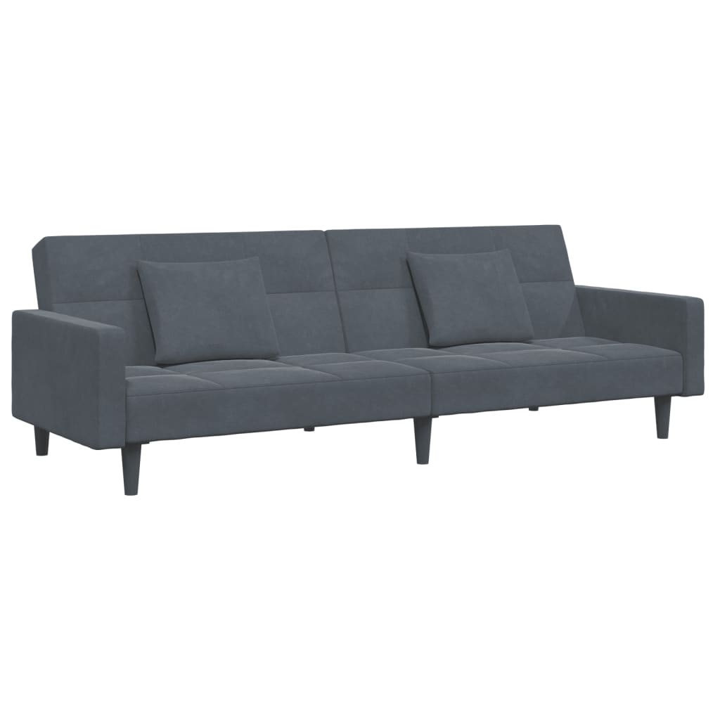 Modern gray fabric sofa with black legs and two matching throw pillows.