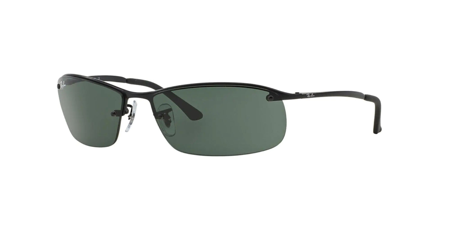 Black metal-frame Ray-Ban sunglasses with dark green lenses.