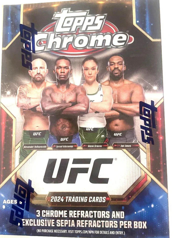2024 Topps Chrome UFC trading card box featuring four fighters on the cover.