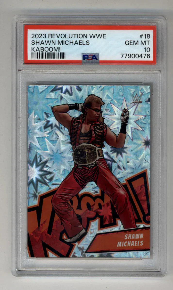 PSA-graded 2023 WWE Revolution Shawn Michaels trading card in a protective case.