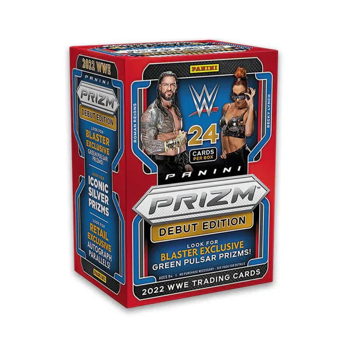 Red and blue Panini Prizm WWE trading card box containing 24 cards from the 2022 debut edition.