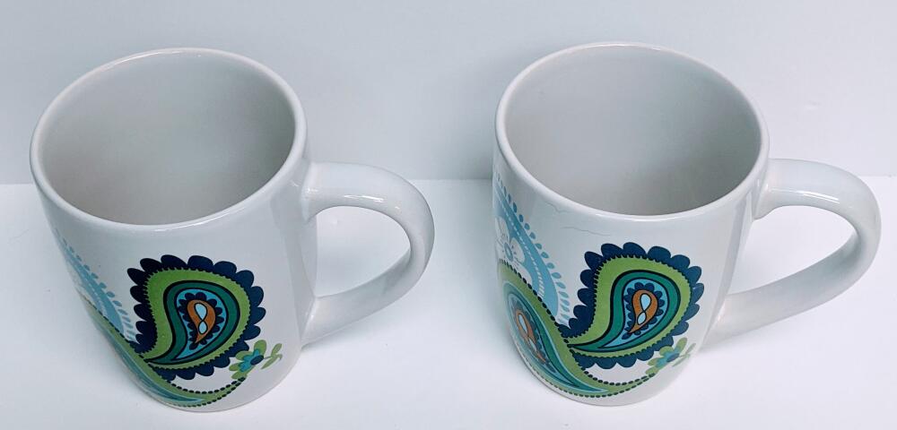 Royal Norfolk Blue Green Teal Paisley Geometric Pattern Coffee Tea Cup Mug Lot of 2