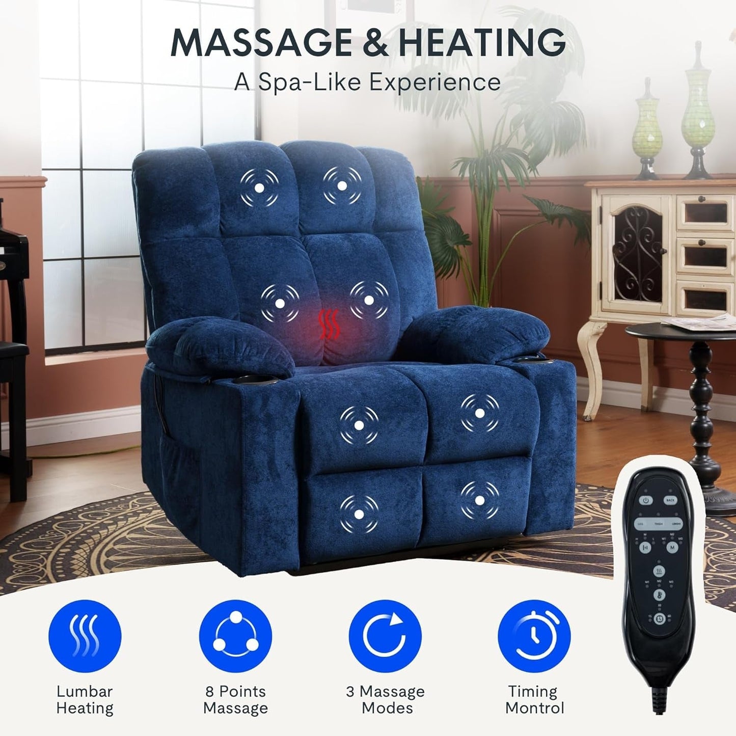 XL5 Dual OKIN Motor Power Lift Recliner Chair for Elderly, Electric Lay Flat Recliner W/Massage, Lumbar Heat, USB Port, Side Pockets, Recliner Sofa for Living Room Bedroom, Blue-2