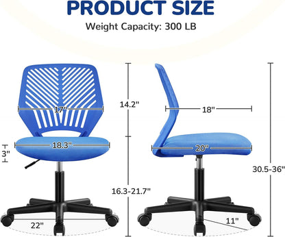Students Desk Chair Low-Back Armless Study Chair Swivel Task Chair Cute Bedroom Chair with Lumbar Support Adjustable Height for Youth, Blue-2