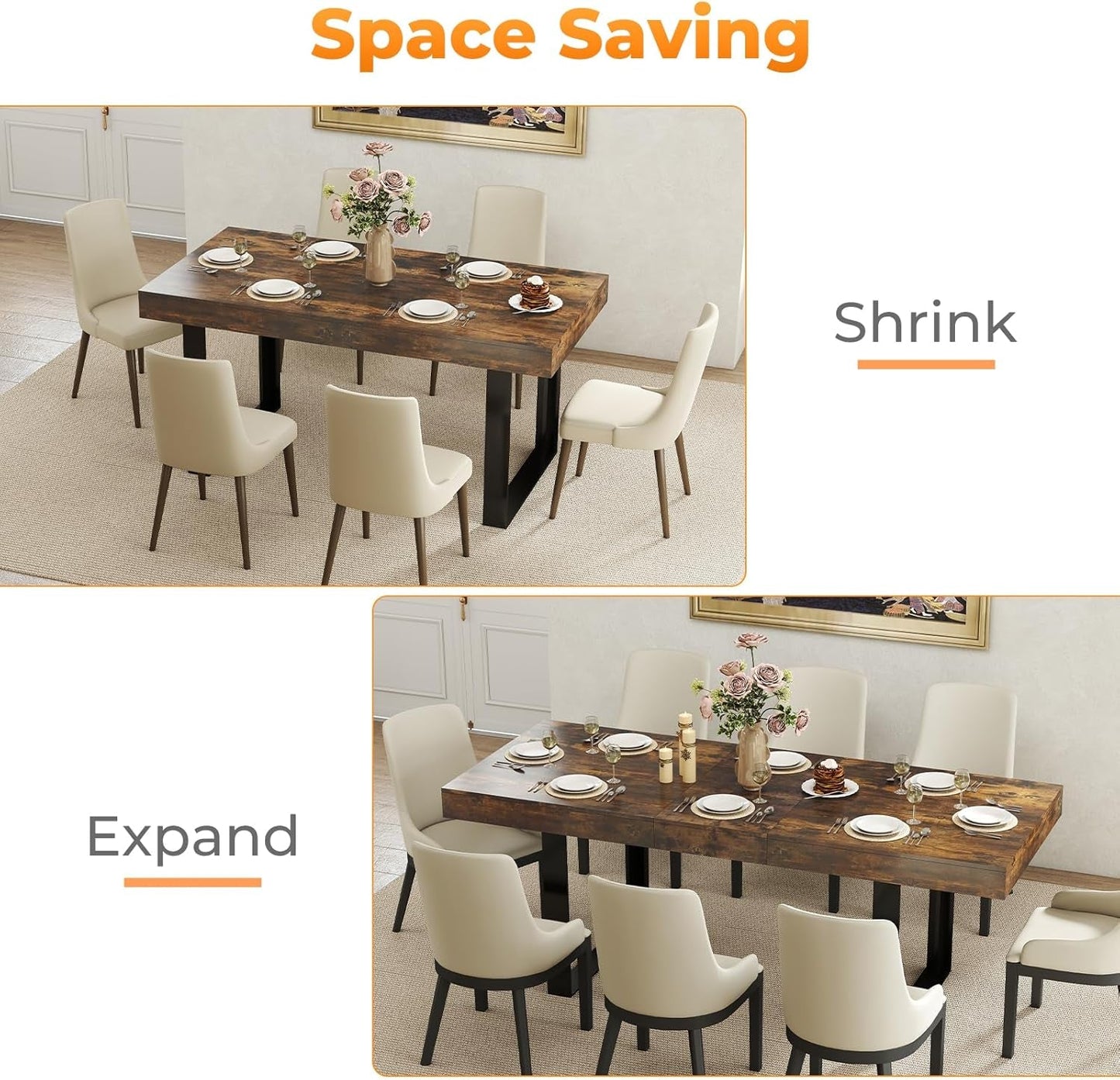 Expandable Rustic Brown Rectangular Dining Table 63in-3