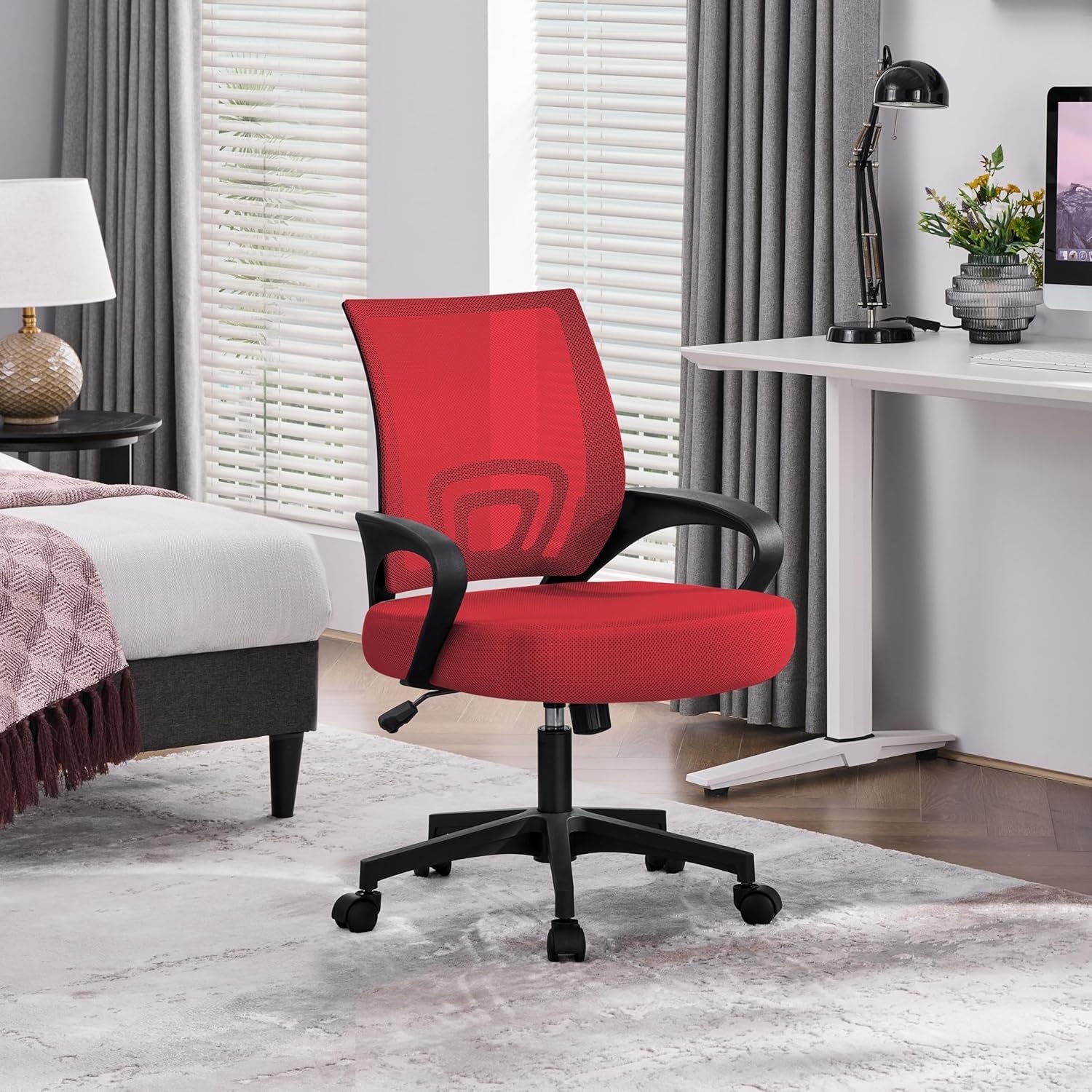 Office Chair Desk Chair Mid Back Mesh Task Chair Computer Chair Ergonomic Rolling Swivel Chair Adjustable Executive Chair with Lumbar Support Armrests, Red-1