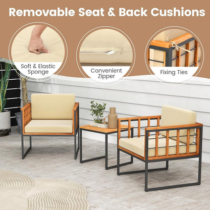 3 Pieces Patio Chair Set, Acacia Wood Outdoor Sofa Set with Metal Support, Soft Seat & Back Cushions Included, Cushioned Bistro Set for Balcony, Porch, Backyard (Beige)-4